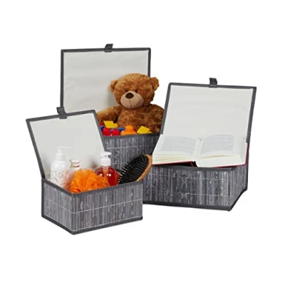 Immagine di relaxdays Set da 3 Cesti Portaoggetti, Coperchio &amp; Chiusura a Strappo, Cestino Contenitore in bambù, Grigio