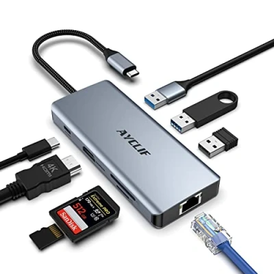 Immagine di AYCLIF USB C hub, 8 su 1 adattatore con Doppio Display 4K HDMI, Docking Station per MacBook Pro/Air (Gigabit Ethernet, 5 Gbps 3.0, PD 100W, SD/TF Reader) Dell,Surface,HP,Lenovo
