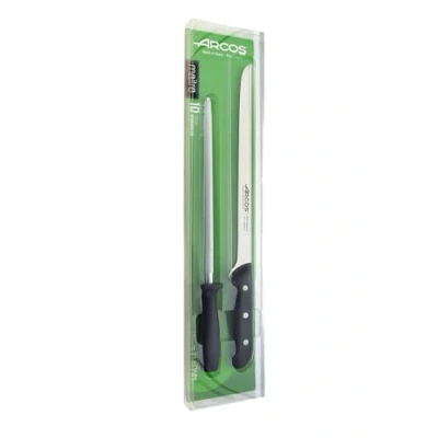 Immagine di Arcos Serie Maitre Set di Prosciutto Coltelli 2 Pezzi (1 Coltello + 1 Acciaini Affilatori) Lama Acciaio Inossidabile Nitrum Manico Polipropilene Legno caucciù