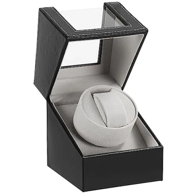 Immagine di DRAIGERWAY Caricatore automatico per orologi, in pelle PU, con motore silenzioso, funzionamento a batteria o alimentatore di rete orologi automatici, Nero 125b dgw, Moderno