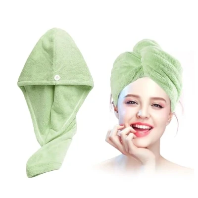 Immagine di Xkzhrr 2 Pezzi Asciugamano Capelli in Microfibra Asciugare Rapidamente i Bagnati senza Crespo, Morbido turbante capelli,turbante asciugacapelli,con Chiusura a Bottone (verde)