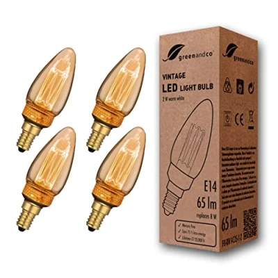 Immagine di greenandco 4x lampadina a LED di design vintage in stile retrò E14 C35 2W 65lm 1800K 320 230V, ambra, nessun sfarfallio, non dimmerabile