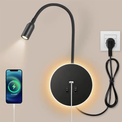 Immagine di Awekliy Lampada da Parete a LED, lettura comodino collo di cigno con interruttore, Porta Ricarica USB,Luce della camera letto(3W Luce Naturale+8W Calda)Con cavo e spina Nero