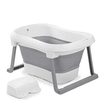 Immagine di hauck Vaschetta per Bagnetto Neonati con Sgabello Wash N Fold L Vasca da Bagno Pieghevole fino a 18 kg, Tappo Termosensibile, 80x56x44cm Grigio