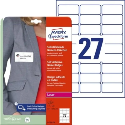 Immagine di Avery Zweckform L4784 20 Etichetta per nome 63.5 x 29.6 mm Seta allacetato Bianco 540 pz. Staccabile Stampante laser a colori, laser, Dicitura mano