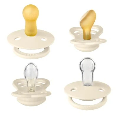 Immagine di BIBS Ciuccio, confezione da 4 pezzi, Pacchetto di prova, Senza BPA, Tettarella rotonda, simmetrica e anatomica. Lattice gomma naturale/Silicone, Prodotto in Danimarca. 6 18 mesi (set 4), Ivory