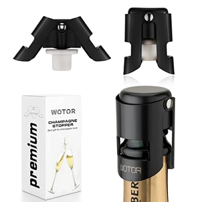 Immagine di WOTOR 3 pezzi tappo per spumante, champagne professionale in acciaio inox, vino frizzante riutilizzabile, prosecco, a prova di perdite, Mantieni fresco （nero）