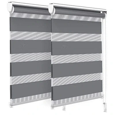 Immagine di VOUNOT Set di 2 Tenda a Rullo Doppia Strato Oscurante Giorno e Notte, Catenella Laterale, Bande Trasparenti Opache, Interno Zebra Blinds Grigio, 55 x 150 cm