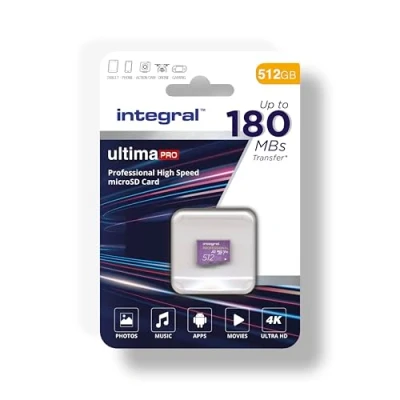 Immagine di Integral scheda micro SD da 512 GB, velocità di lettura video 4K, 180 MB/s e scrittura 150 MB/s, MicroSDXC A2 C10 U3 UHS I V30, la nostra memoria