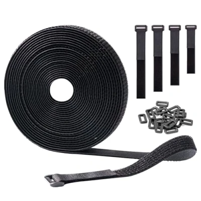Immagine di GripZz fascette Fermacavi 5m x 2cm con 25 Fibbie, cavi riutilizzabili, Strappo Nero Cinghie e Nastro Adesivo a per Organizzare Cavi, Zaino, Tubi Flessibili