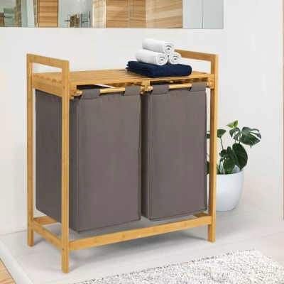 Immagine di IDMarket Cesto portabiancheria 2 vassoi in bambù BEA tessuto grigio scuro
