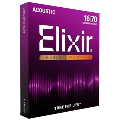 Immagine di corde per chitarra acustica 8 80/20 bronzo Elixir® Strings con rivestimento NANOWEB®, Baritone (.016 .070)