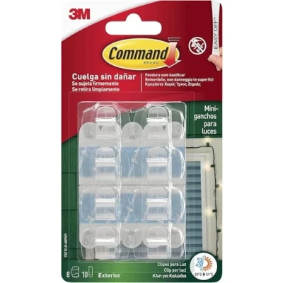 Immagine di Command Ganci Adesivi Trasparenti per Esterni 8 Mini e 10 Strisce Adesive Appendere Luci in Giardino Modo Sicuro Senza Danni