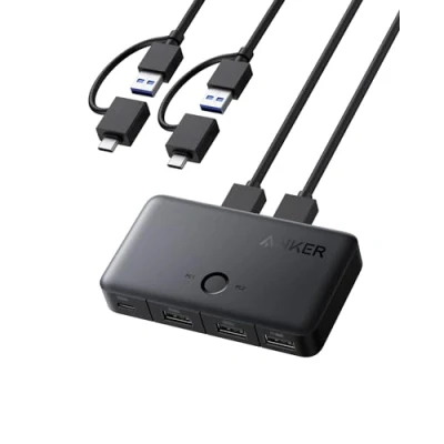 Immagine di Switch KVM di Anker, 2 laptop in un clic, cavo USB a con connettori 1, condivisione 3 porte 3.0, trasferimento dati ad alta velocità 5Gbps per laptop, tastiera, mouse e altro ancora
