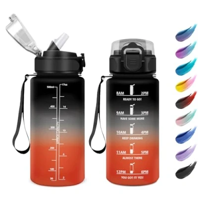 Immagine di Borraccia Bambini 500ml, a Prova di Perdite, con Cannuccia, 1 Clic Aperto, Motivazionale Scala Temporale, Riutilizzabile, per Campeggio, Viaggio, Scuola, Lavoro