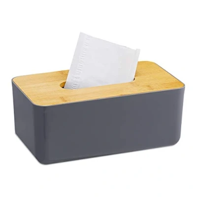 Immagine di Relaxdays 4X Porta Fazzoletti, Riutilizzabile, Portafazzoletti per Bagno, Coperchio in bambù, 10x23x13 cm, Grigio/Naturale