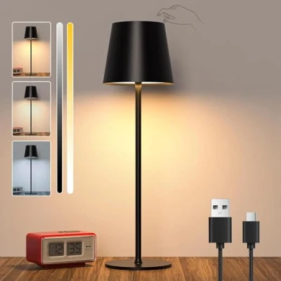 Immagine di Lampada da Tavolo Dimmerabile Senza Fili LED, a Batteria Ricaricabile con Controllo Touch, Scrivania Esterna Impermeabile IP44 USB C per Terrazza, Ristorante, Nero