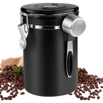 Immagine di Nizirioo Barattolo per caffè ermetico in acciaio inox, da 1,8 l, con cucchiaio, contenitore indicazione della data, chicchi di caffè, colore nero
