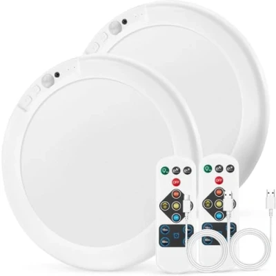 Immagine di Bojim Plafoniera LED Soffitto Batteria con Sensore, Lampada di Movimento Senza Fili Luce, Lampadario Corrente Telecomando, Plafoniere Esterno USB Ricaricabile Pile Luci, per garage, 2 Pacchi