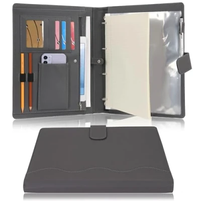 Immagine di Wonderpool Portadocumenti A4 PU Pelle con 4 Anelli Multi Documento Raccoglitore Rimovibile per Appunti e Tasca Funzionale Organizzatore Ufficio Viaggi Scuola (Grigio)