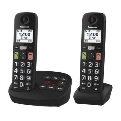 Immagine di Panasonic KX TGU132EXB Telefono digitale wireless con segreteria telefonica, unità base e 2 combinazioni, schermo LCD, tasti grandi, chiamata preferita, compatibile apparecchi acustici, nero