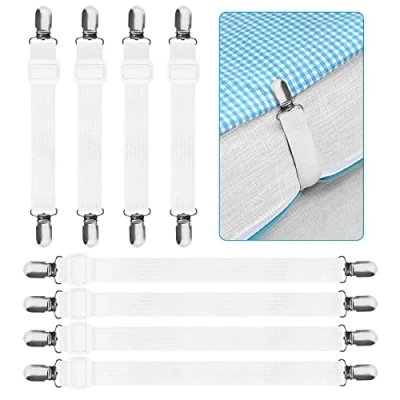 Immagine di KEELYY Clip Lenzuola, 8 Pezzi(15cm 100cm) Bretelle Elasticizzate Regolabili, Cinghie Elastici con in Metallo per Fissaggio Angoli coprimaterassi, Letto o Divano Bianco