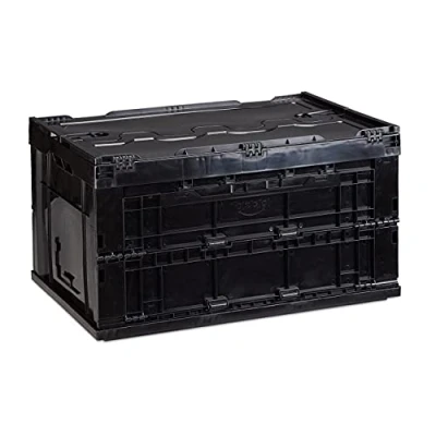 Immagine di Relaxdays 8X Cassetta Pieghevole, Stabile, da Lavoro, Plastica Resistente, Scatola Portaoggetti 60L, HLP 32,5x58,5x39,5cm, Nero