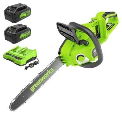 Immagine di Greenworks 48V(2x24V) Motosega a Batteria con Motore Brushless, Lunghezza Barra 14 Pollice (35cm), Velocità Catena 20m/s, due 4Ah e Caricabatterie Gemello, Garanzia 3 Anni GD24X2CS36K4X