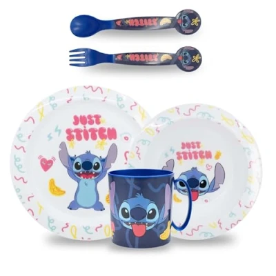 Immagine di Sorrisini Set Stoviglie Bambini Piatti per asilo, scoula Pappa Bimbo piatto, ciotola, tazza 350ml Svezzamento Prima in plastica dura riutilizzabile Stitch