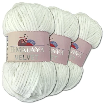 Immagine di Wohnkult Himalaya Velvet Dolphin Gomitolo di lana per lavorare a maglia, ciniglia soffice, accessori, indumenti e coperte, 40 colori scelta, 3 pezzi da 100 grammi l’uno (90063 bianco)