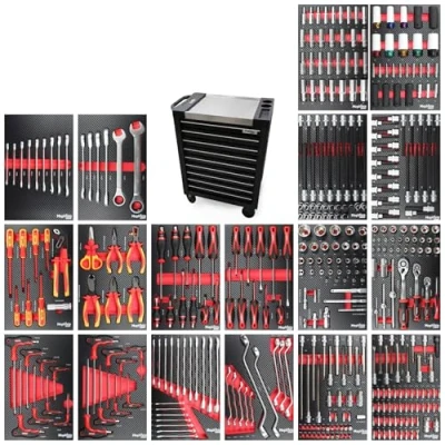 Immagine di Mephisto ProLine &#039;Full Black&#039; Carrello da officina con 9 cassetti di cui attrezzi come chiavi, cricchetto scatola noci, cacciavite, VDE in Soft Inlays effetto carbonio
