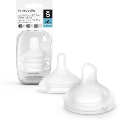 Immagine di Suavinex 307388, Confezione 2 Tettarelle Simmetriche in Silicone SX Pro, Flusso Denso per Latte o Liquidi Densi, 6 Mesi, con Sistema Anticoliche