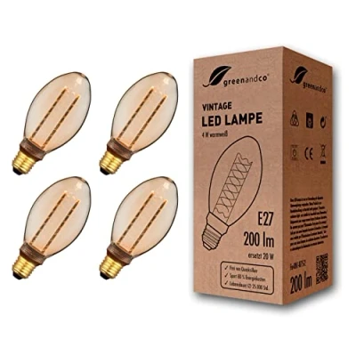 Immagine di greenandco 4x lampadina a LED di design vintage in stile retrò E27 B75 4W 200lm 1800K 320 230V, ambra, nessun sfarfallio, non dimmerabile