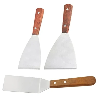 Immagine di Mousyee Set di Spatole per Teppanyaki, Barbecue Teppanyaki con Manico in Legno Acciaio Inossidabile Girarrosto e Spatola Piatta Cucina Barbecue, 3 Pezzi