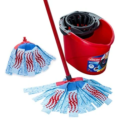 Immagine di Vileda SuperMocio 3Action XL Set mocio e Secchio con Ricarica Extra, Microfibra, Blu, Rosso, 40 x 28.3 28.5 cm