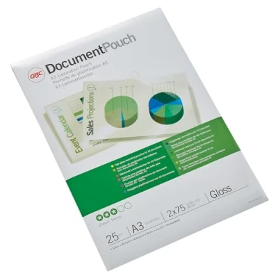 Immagine di GBC Pouch Confezione da 25 Buste per Plastificazione a Caldo, con Finitura Lucida, in Formato A3, Spessore di 2 x 75 Micron, 303 426 mm, 3740486