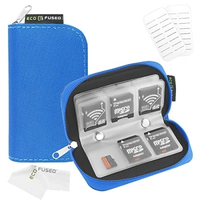Immagine di Custodia per schede di memoria Eco Fused Adatta un massimo 22 SD, SDHC, Micro Mini SD e 4 CF Porta con scomparti (Blu)