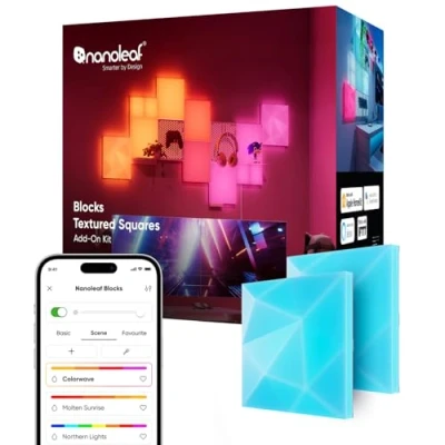 Immagine di Nanoleaf Pacchetto di Espansione Blocks 2 Quadrati Strutturati, Pannelli Luminosi RGBW 3D, Cambiano Colore e Regolano la Temperatura (2700K 6500K), Illuminazione Soffusa (23,1 x 23,1 cm ciascuno)
