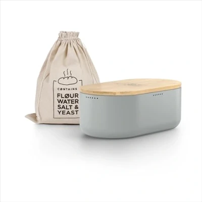 Immagine di LARS NYSØM Portapane in metallo con sacchetto di lino per una freschezza duratura I Scatola del pane coperchio bambù alta qualità utilizzabile come tagliere (Cool Grey)