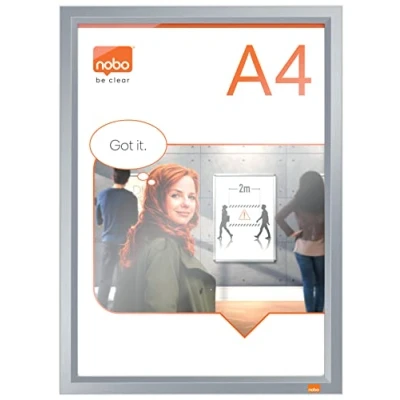 Immagine di Nobo Impression Pro Cornice per Poster e Segnaletica in Formato A4 con Clip Anodizzata, Montabile a Parete, Fissaggio Pressione, Angoli Arrotondati, 250 mm x 13 Argento