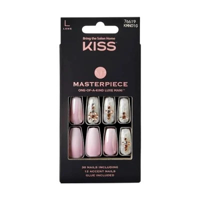 Immagine di KISS Masterpiece Manicure Luxe unica nel suo genere, Kitty Gurl, unghie finte a bara lunga lunghezza, include colla per unghie, lima e 30 chiodi con 12