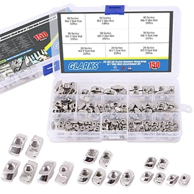 Immagine di Glarks Kit assortito per viti filettate M3 M4 M5 M6 con testa a T profilo in alluminio serie 20/30/40, acciaio al carbonio nichelato