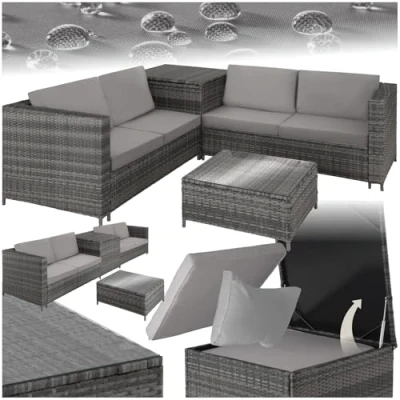 Immagine di TecTake® Salottino in Rattan, 2 Divani per Esterno con Cuscini, 1 Tavolo Piano Vetro, Contenitore di Custodia, Salotto da Giardino Esterno, Grigio/Grigio Chiaro