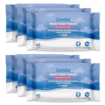 Immagine di by Amazon Carta igienica delicata e umida, inodore, fine a filo, Senza profumazione, 240 pezzi (6 confezioni da 40) (Precedentemente Marchio Presto!)