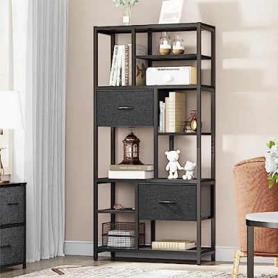 Immagine di YITAHOME Libreria, libreria a 7 ripiani con cassetti da pavimento, scaffale industriale telaio in acciaio, per soggiorno, ufficio, studio, corridoio, cucina, nero