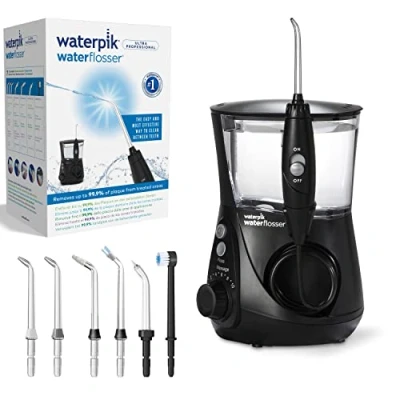 Immagine di Waterpik Idropulsore Dentale Ultra Professional con 7 Testine e Sistema Avanzato di Controllo della Pressione 10 Impostazioni, Strumento Rimozione Placca Dentale, Nero (WP 662EU)