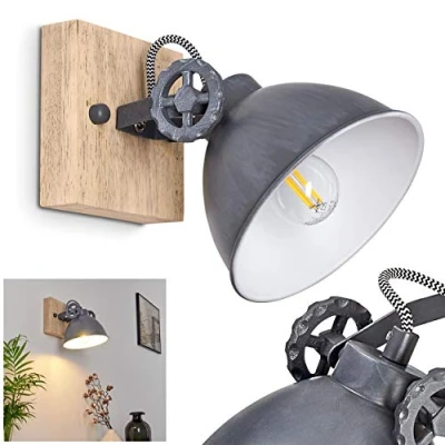 Immagine di lampada da parete Svanfolk, in metallo e legno blu grigio/natura, 1 luce, con faretto regolabile, attacco E14, design retro/vintage, senza lampadina/e