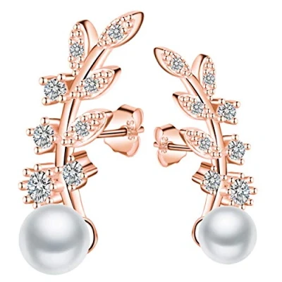 Immagine di MICGIGI Orecchini da donna eleganti a forma di foglia, in argento Sterling 925 con zirconi, perla 5 mm (oro rosa)
