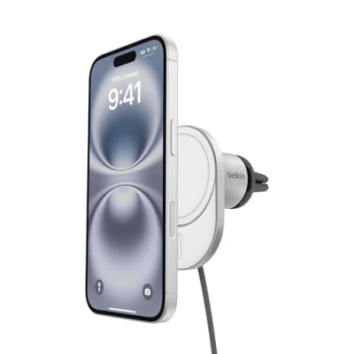 Immagine di Belkin BoostCharge Pro Caricabatteria da auto wireless magnetico con MagSafe, 15 W, caricatore Qi2, supporto per bocchette dell&#039;aria iPhone 16, 15, 14, 13, 12 Series, grigio