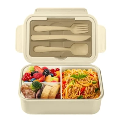 Immagine di Diboniur Porta Pranzo, Lunch Box con Posate, 1400ml Bambino Adulto Bento 3 Scomparti, Schiscetta Contenitore Pranzo per Microonde Lavoro Picnic Ufficio (Khaki)